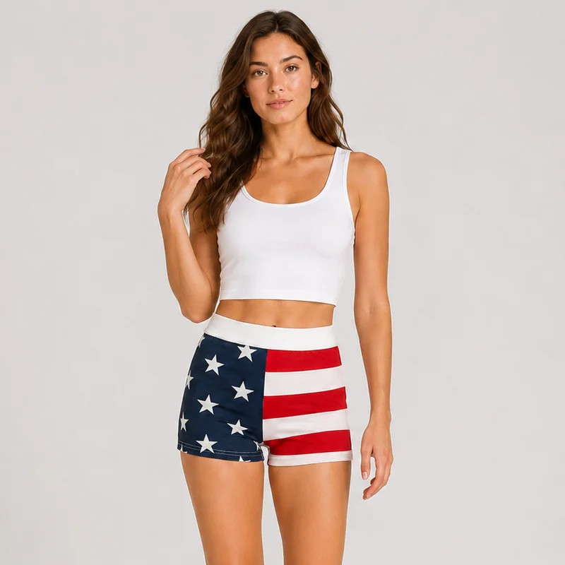 Women's American Flag Print High Waist Shorts Stretch Slim Fit Summer Casual Hot Pants Patriotic Beach Streetwear