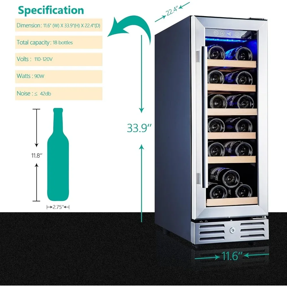 와인 쿨러 냉장고, 내장 또는 독립형, 스테인레스 스틸 및 이중층 강화 유리 문짝, 12 인치