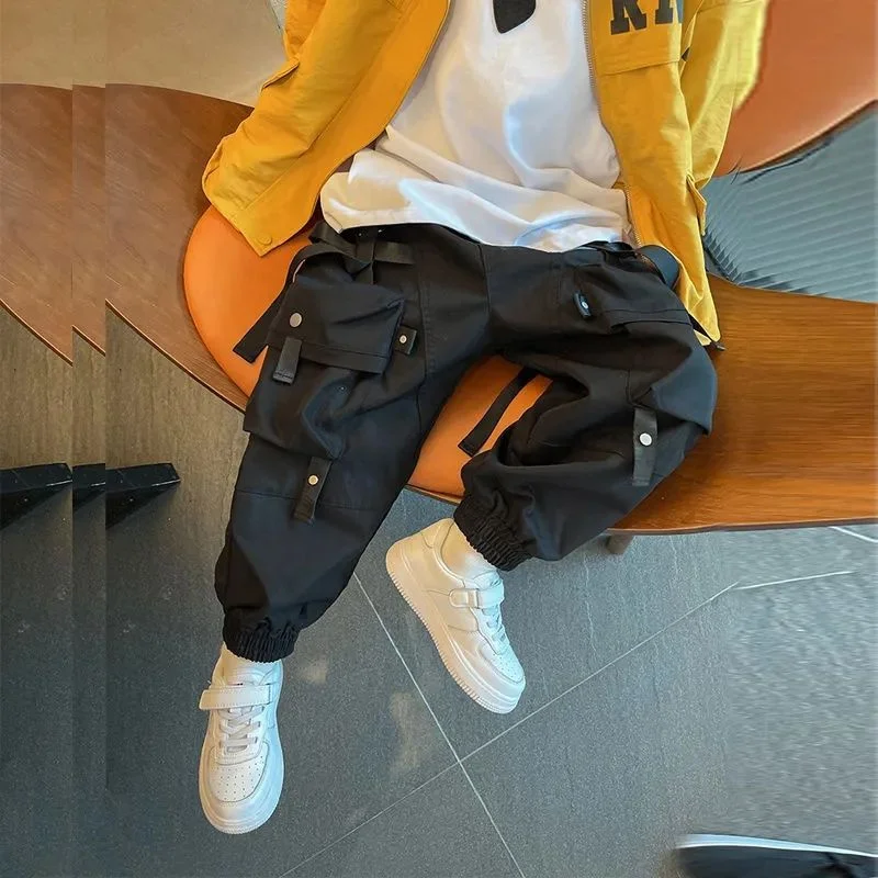 Boy Casual Overalls Pants Teenager Straight Trousers 2024 New Kids Hip Hop Joggers Pants Children Vintage Streetwear Sweatpants