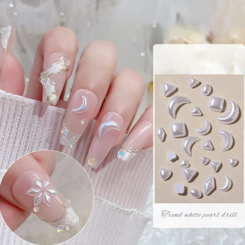 Approx 200pcs Baroque Pearl White Irregular Shape Nail Art Charms Heart Moon Rhombus 3D Resin Mini Nail Decoration Accessories