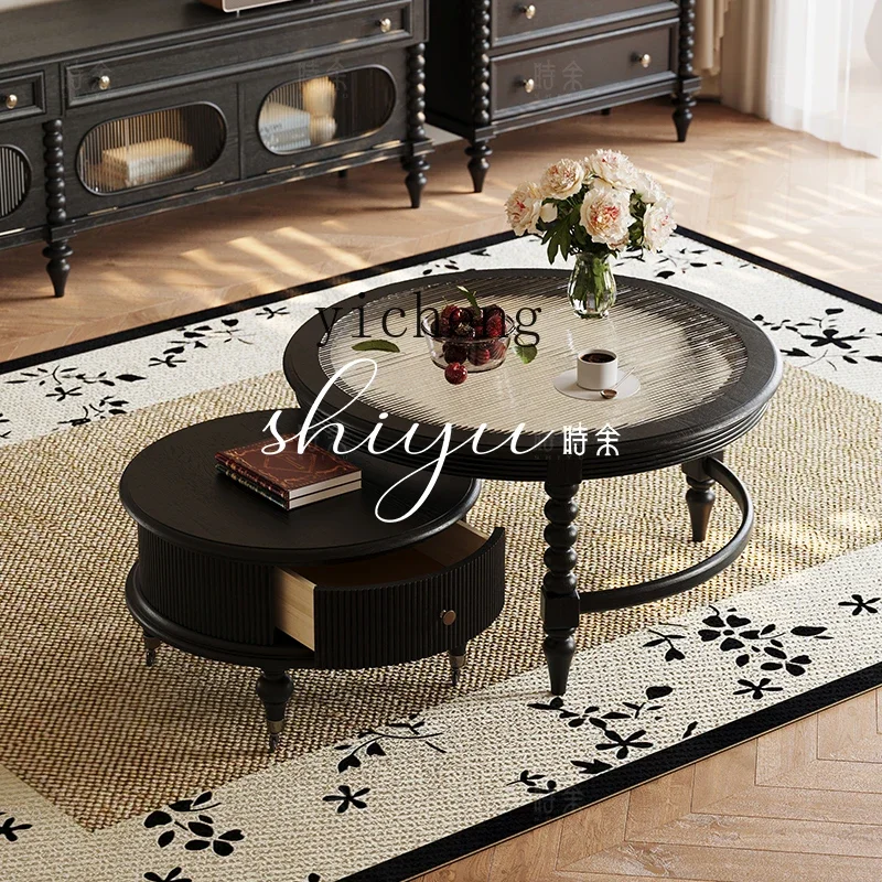 

X1 coffee table French retro solid wood round tea table small apartment low table living room ancient style