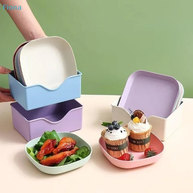 ✔Colorful Wheat Straw Appetizer Plates Set with Storage Holder,Unbreakable Snack Dishes for Fruits,Desserts & Table Scraps