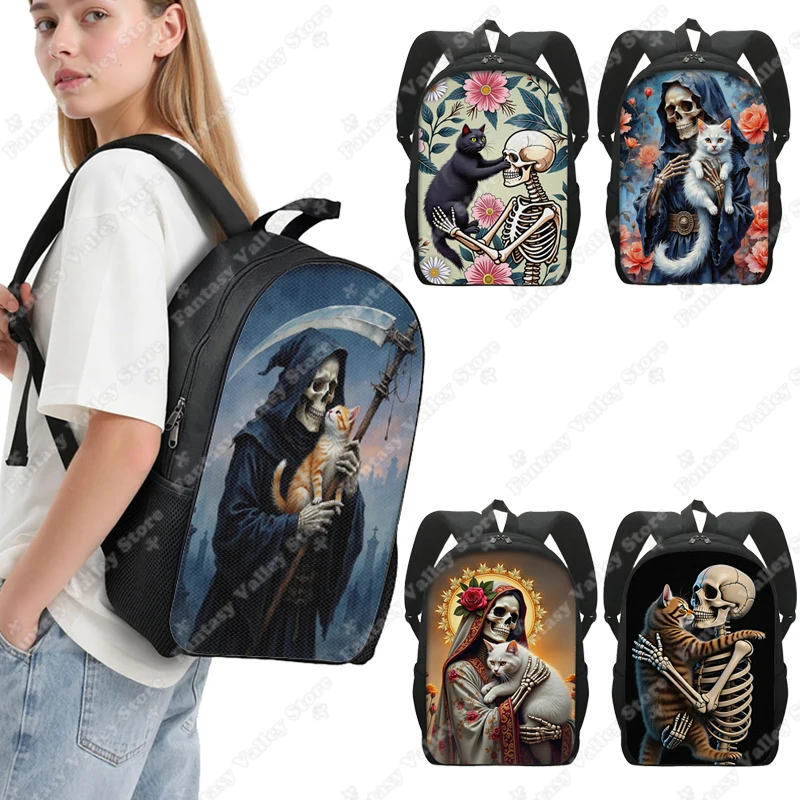 

Cool Grim Reaper and Kawaii Cat Printed Backpack Women Men Rucksack Skeleton Skull Shoulder Bag for Travel Student School Bags