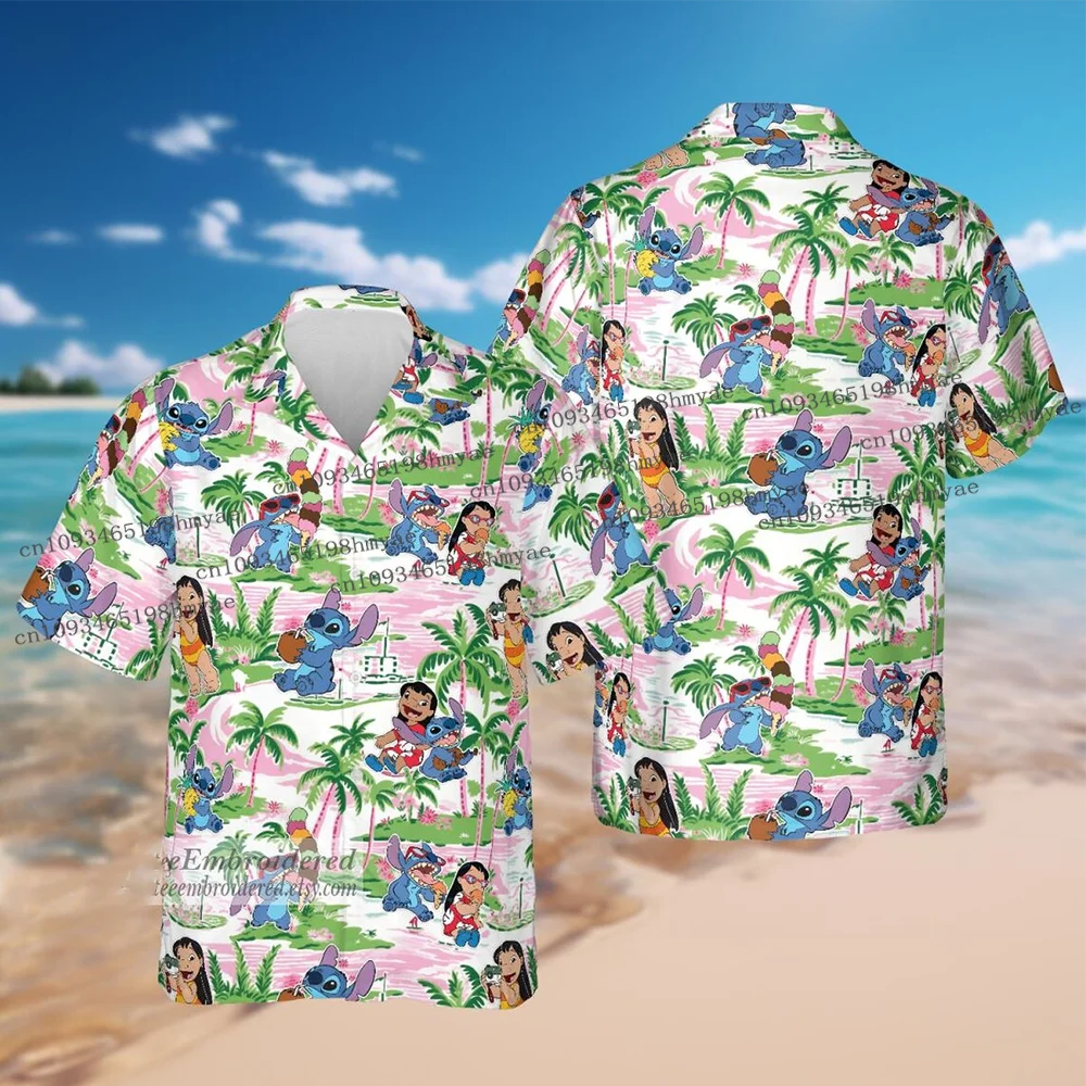 

Summer Women's Fashion Short-sleeved Shirts Lilo And Stitch Hawaiian Surfing Shirt Disney Kit Casual Vacation Beach Style Shirt