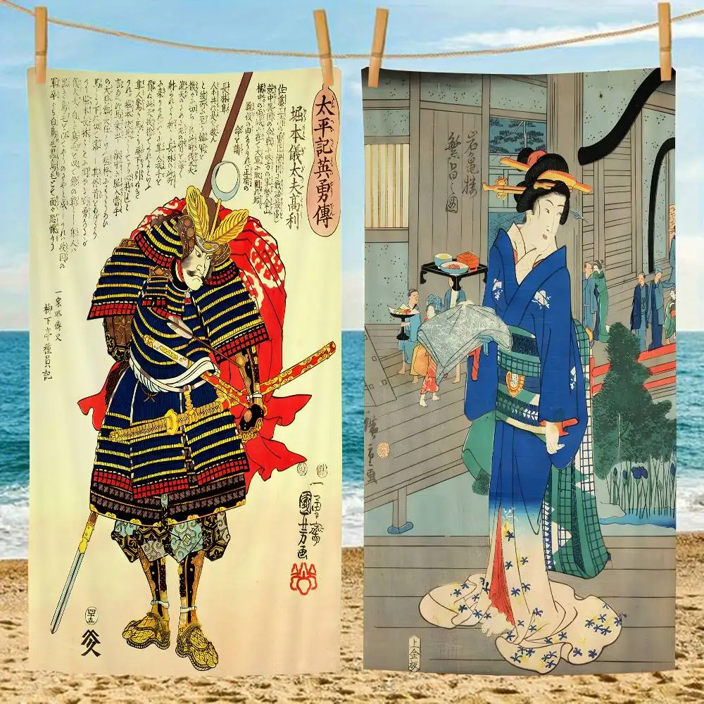 Vintage Japan Art Ukiyo-e Microfiber Blanket Quick Drying Beach Towels Oversized Printing Super Absorbent Pool Towel Blanket