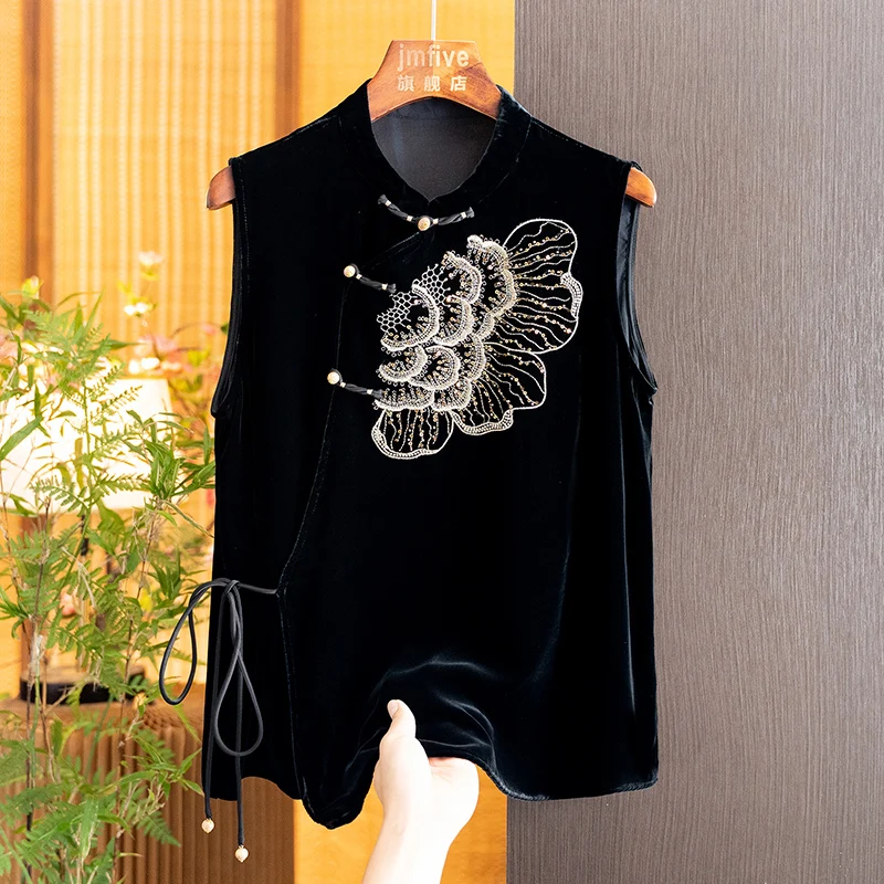 New Chinese-Style Silk Velvet Embroidered Diagonal Lapel Tie Vest for Women, 2026 Autumn New Retro Stand-Collar Vest