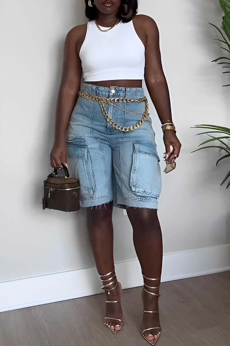 STYLISH LADY Cargo Pocket Knee Length Jeans 2025 Autumn Women High Waist Stone Wash Casual Loose Street Denim Jeans Pants