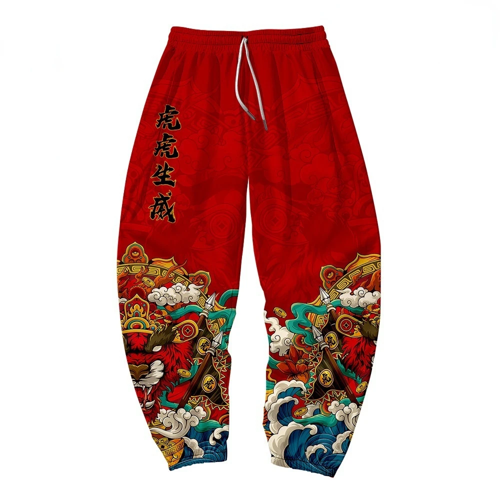 Calça gger de anime e hip hop masculina com vários bolsos, tigre, carga longa, solta, moda urbana, plus size