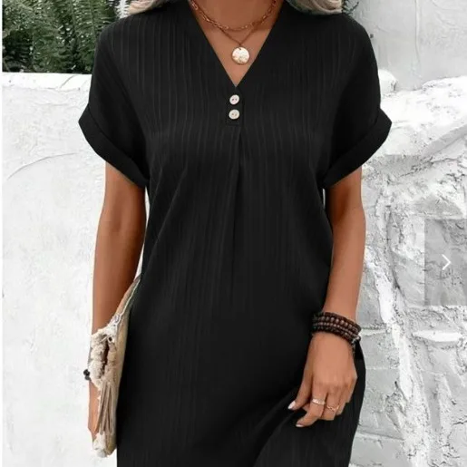 Comfortable Casual V-Neck  Color Overhead Button Dress Women's Fashion 2026 New Style Loose Waist A-Line Skirt