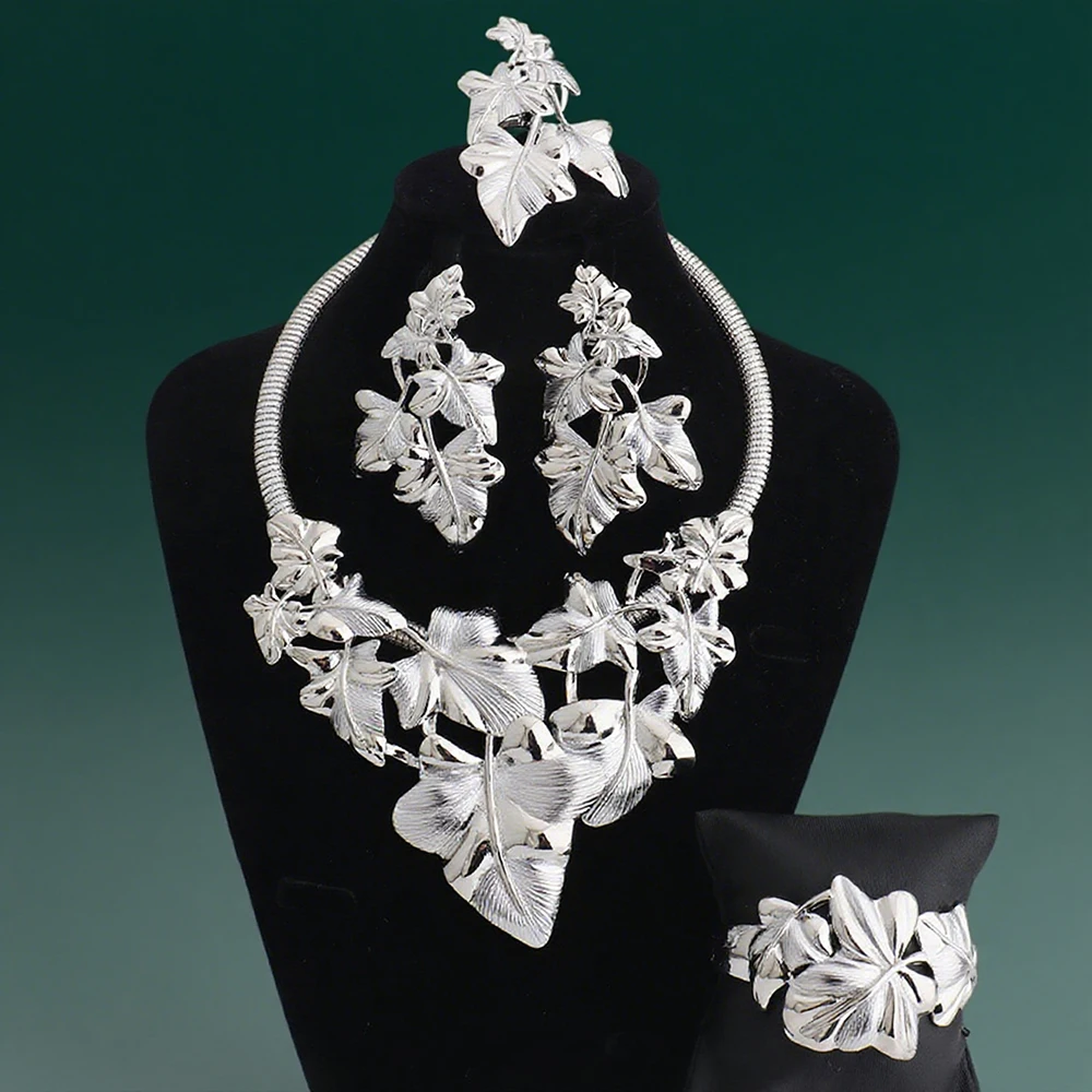 

New Fashion Luxury Africa Dubai Necklace Earrings Ring Bangle For Women Copper Alloy Jewelry Sets For Bridal Party Wedding Full