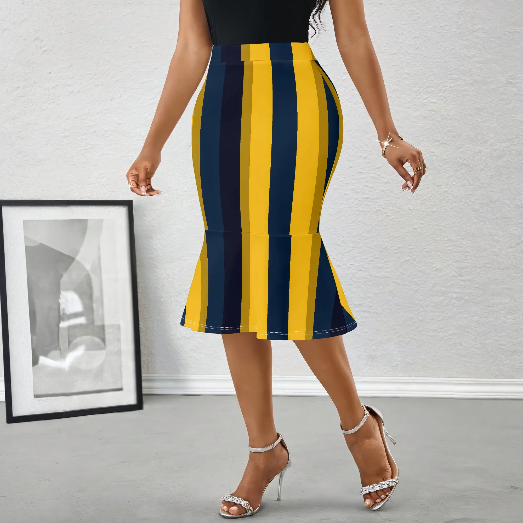 Striped, Pencil Skirt, Yellow Blue Pattern, High Waist Fit, Office Party Wear, S-2XL