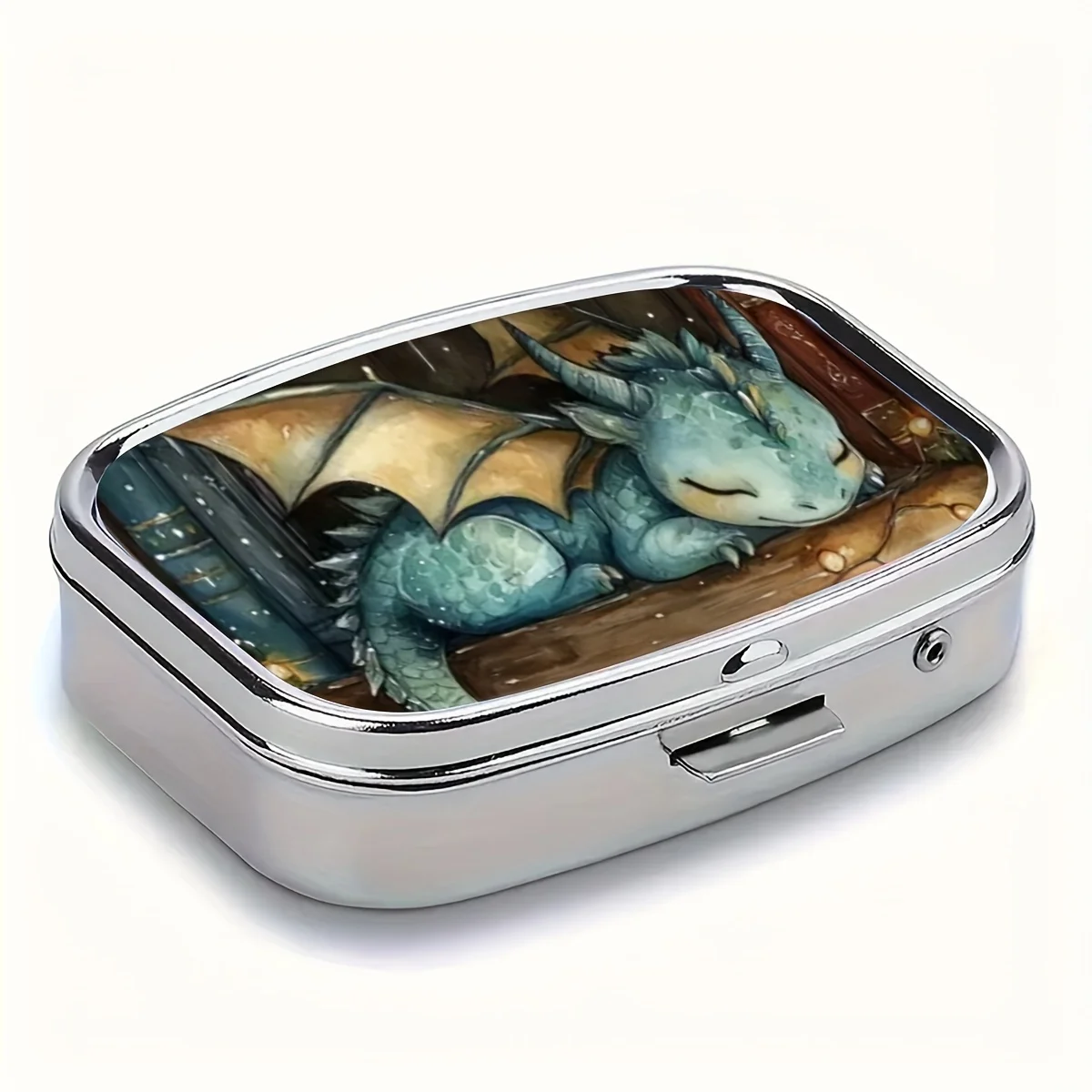 A Charming Pill Box in the Shape of a Sleeping Dragon, with Two Compartments. This Portable Rectangular Box Is Perfect for Carrying in Your Pocket or Purse.