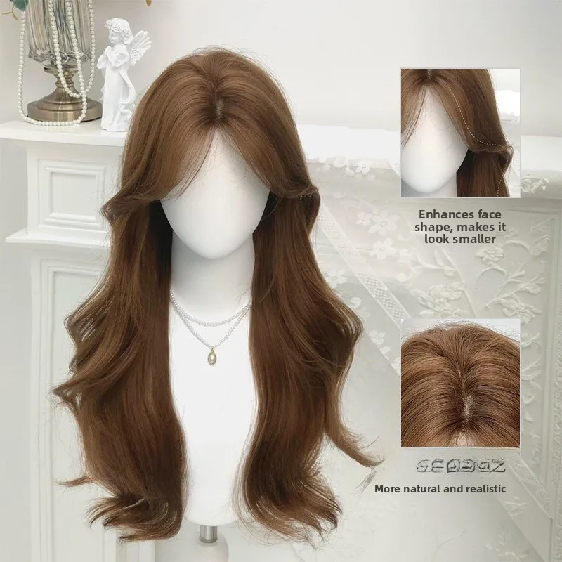 

l Hand-Knitted Long Curl Lace Wig Women's Full Head Cover Reatic Side Parting Sweet Cute Face a Hair Extension