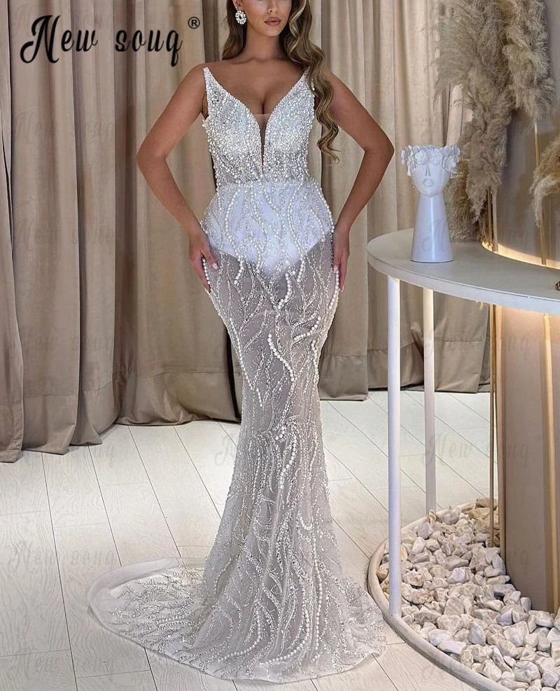 Illusion Long Mermaid Ivory Party Dress With Handmade Pearls Chic Dinner Night Gown Arabic V Neck Sleeveless Prom Dresses Custom