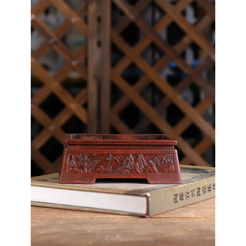 Rectangle Purple Sand Bonsai Pot,Carved Mountain Pattern,Tradition China Carved,Home Office Desk Table Garden Decoration