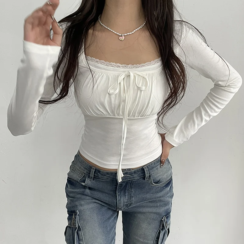 IAMHOTTY Gentle Elegant Lace Patchwork Knitted Cropped Top White Coquette Slim Long Sleeve T-shirts Fall Cute Casual Knitwear