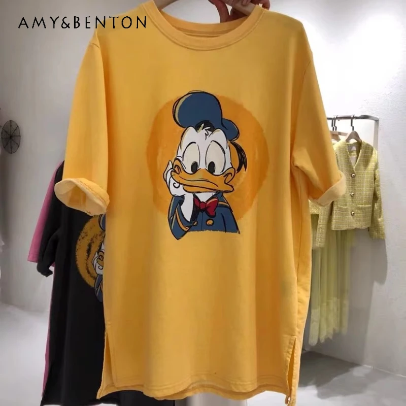 

2025 весна лето корейский стиль свободная хлопковая футболка с короткими рукавами и мультяшным принтом для женщин повседневная универсальная футболка пуловер