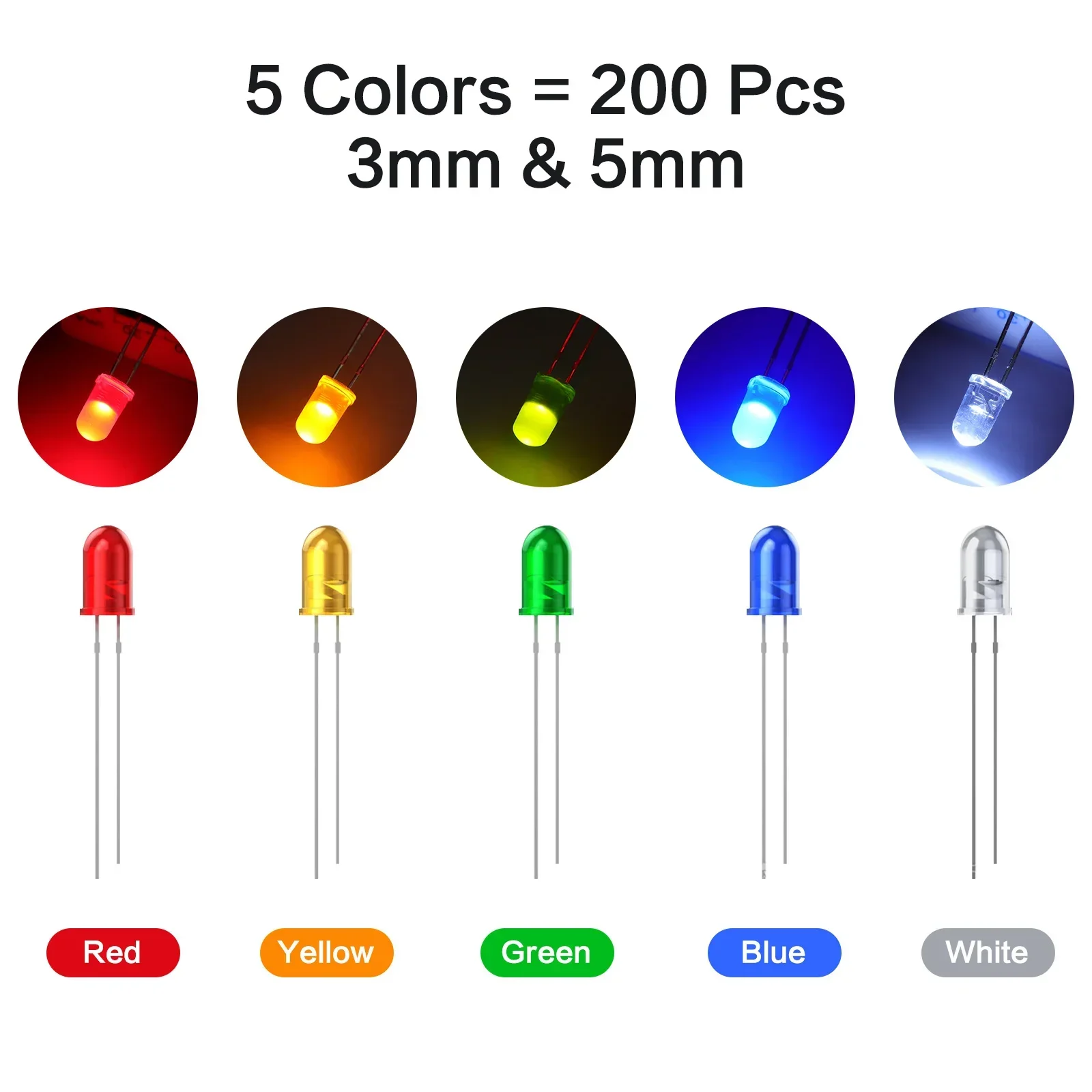 Lâmpada de lâmpada de diodo emissor de luz LED, luz de resistência, DIY, DC, 3V, 20mA, vermelho, amarelo, verde, branco, azul, 3mm, 5mm, 200pcs