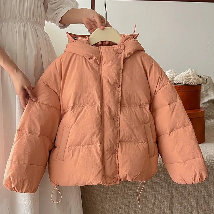 Children\'s cotton jacket 2024 winter new plush and thickened down jacket for boys and girls solid color hooded bread jacket coat