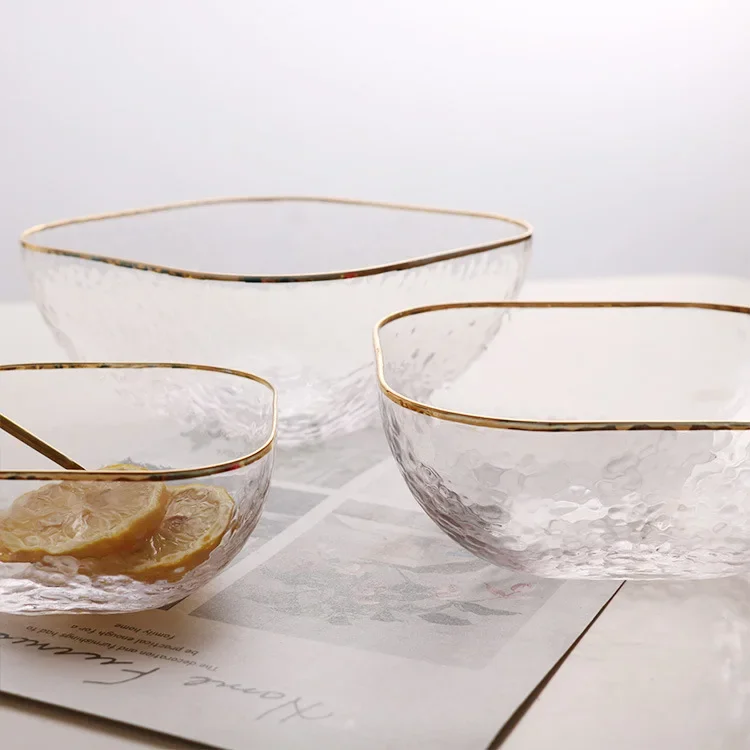 Phnom Penh Hammer Pattern Square Glass Salad Bowl Vegetable and Fruit Bowl Mixed Vegetable  Transparent Dessert Bowl