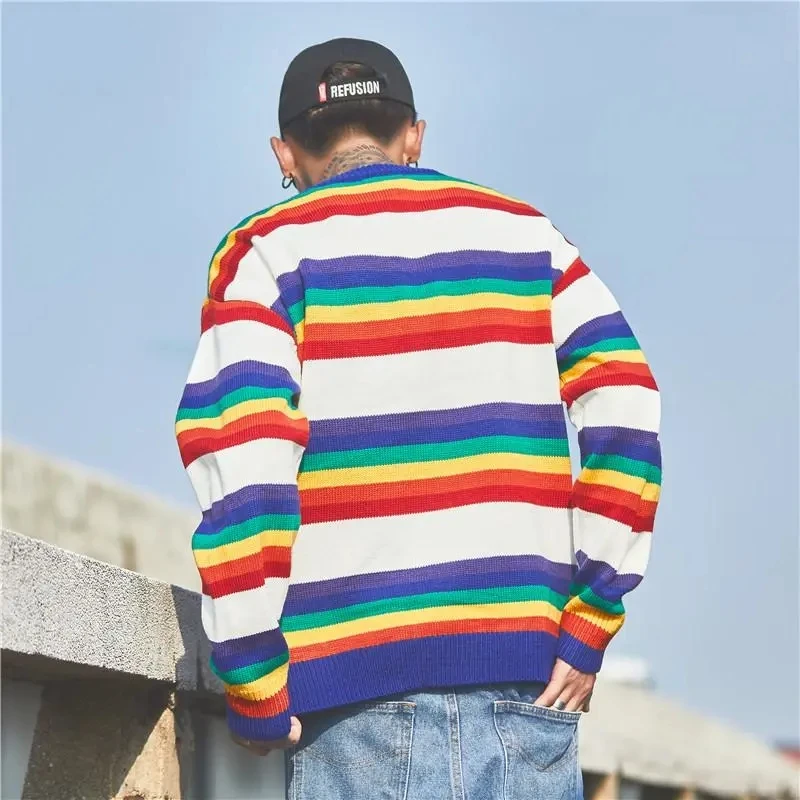 Hip Hop Harajuku Knitted Sweaters Men Colorful Striped Pullover 2024 Autumn Men Fashion Knitwear Sweater Streetwear Male Clothes