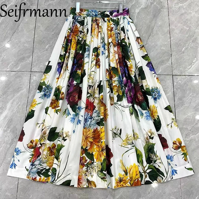 Seifrmann Fashion design Abito da donna Colletto rovesciato Top monopetto a maniche lunghe + Gonna a pieghe Stampa in cotone Set da 2 pezzi