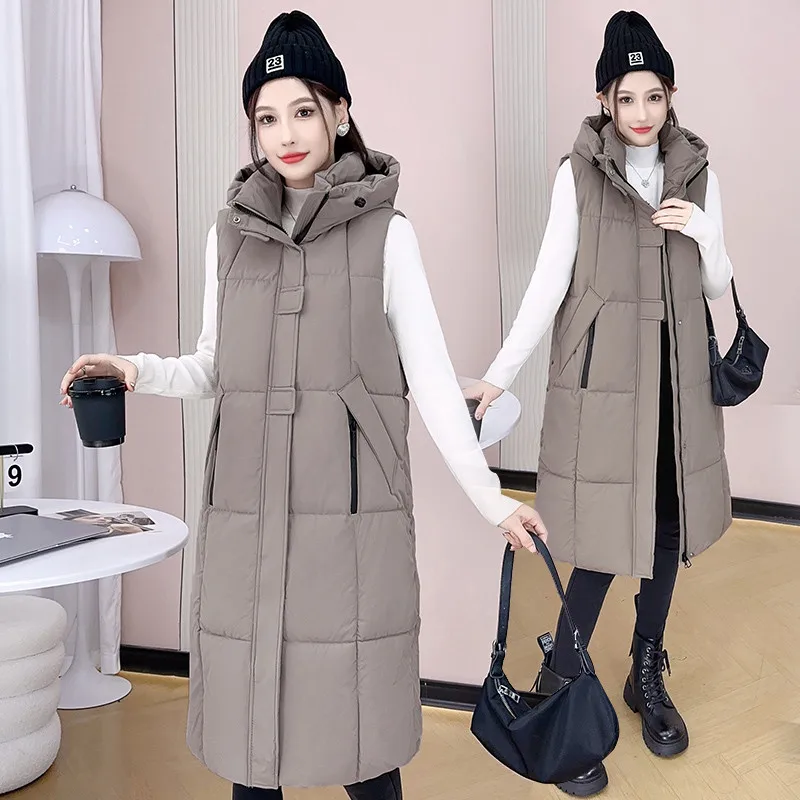 

2026 New Long Winter Hooded Down Cotton Vest Jacket Women High-quality Thicke Warm Sleeveless Parkas Female Waistcoat Outwear