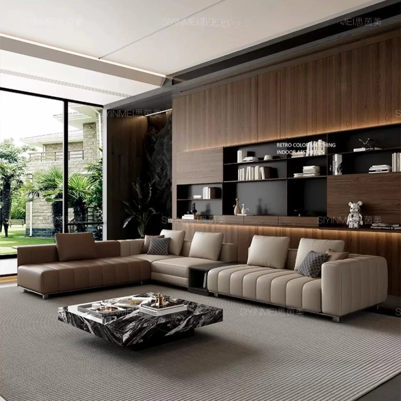 Italian Piano Key Modular Lounge Furnish Segmented Channel Rest sofa Genuine Leather L-Shape sofa for Large Villa Living Space