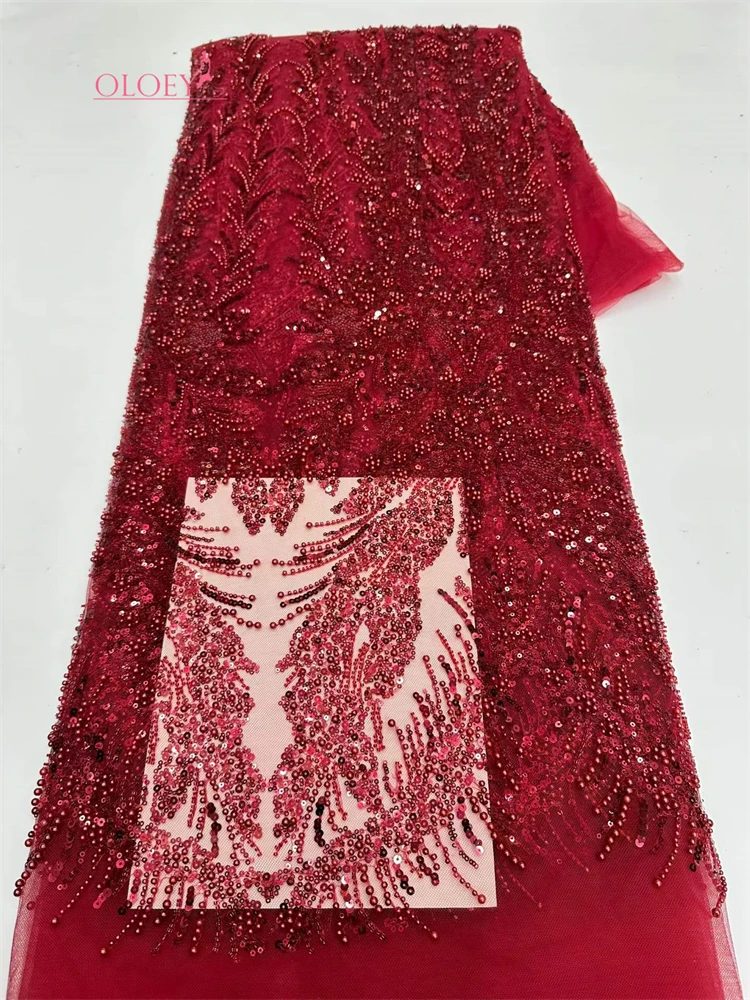 

African Groom Beaded Lace Fabric 2026 High Quality Red French Nigerian Sequin Lace Fabric for Bridal Wedding Party Dresses
