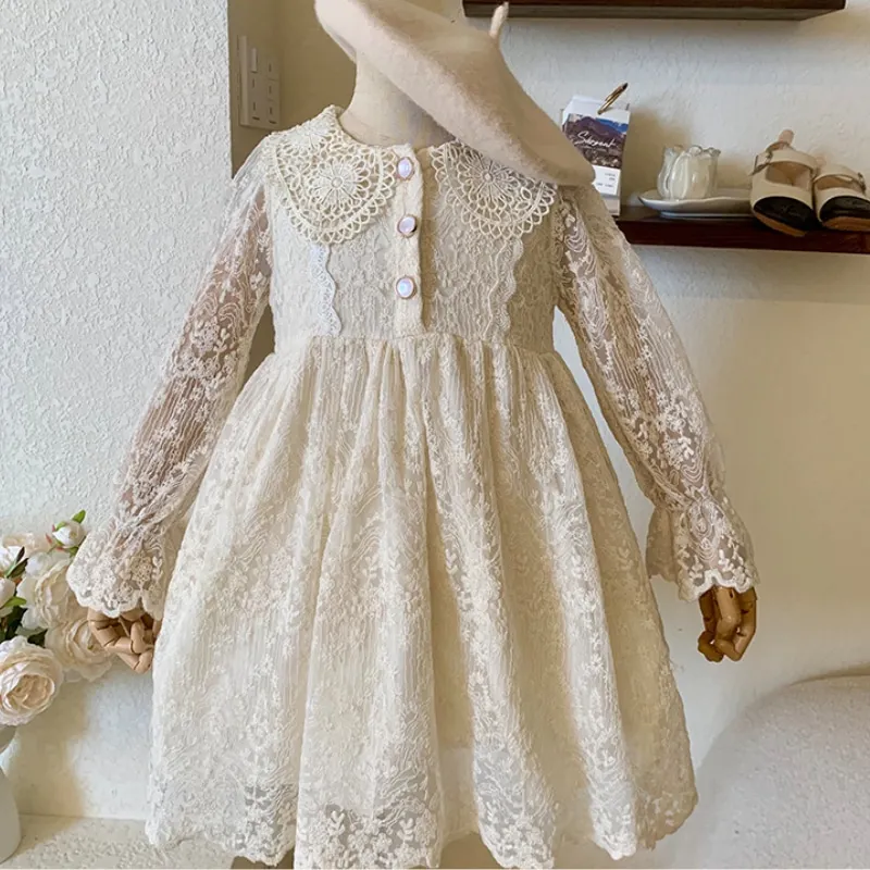 

Fashion Baby Girl Princess Lace Hollow Dresses Infant Child Long sleeve Solid Color Retro Vestido Party Baby Clothes 18M-10Y