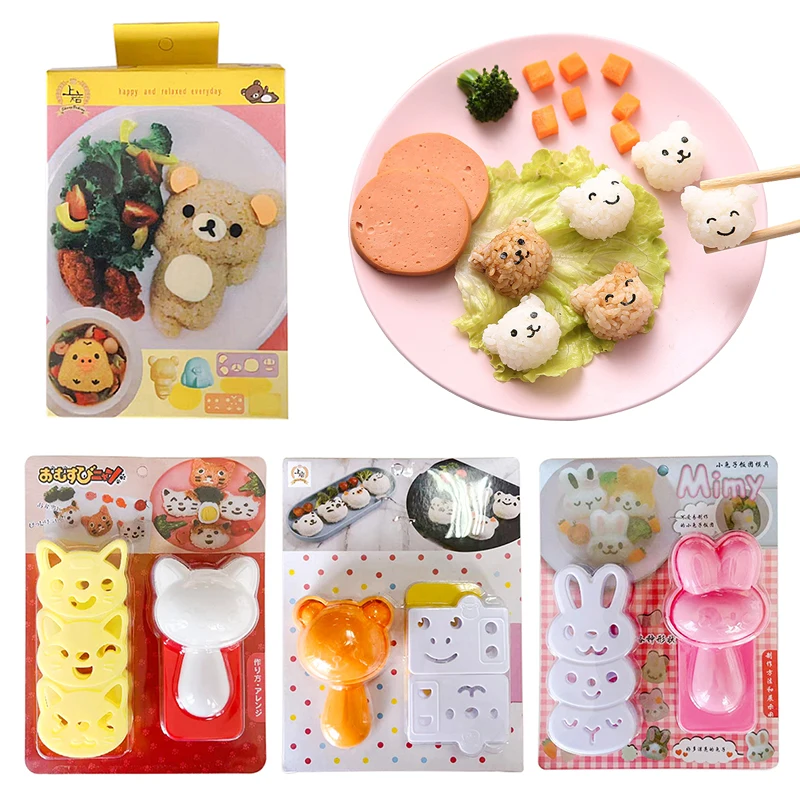 Rice Ball Mold Set Chicken Bear Kawaii Sushi Curry Rice Mould Pattern Bento Accessories Seaweed Cutter Kitchen Tools