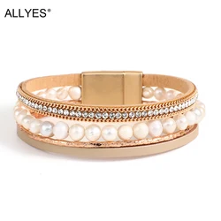 ALLYES Natural Fresh Water Pearl Beads Genuine Leather Bracelets for Women Fashion Simple Wrap Bracelet Bangle Female Jewelry
