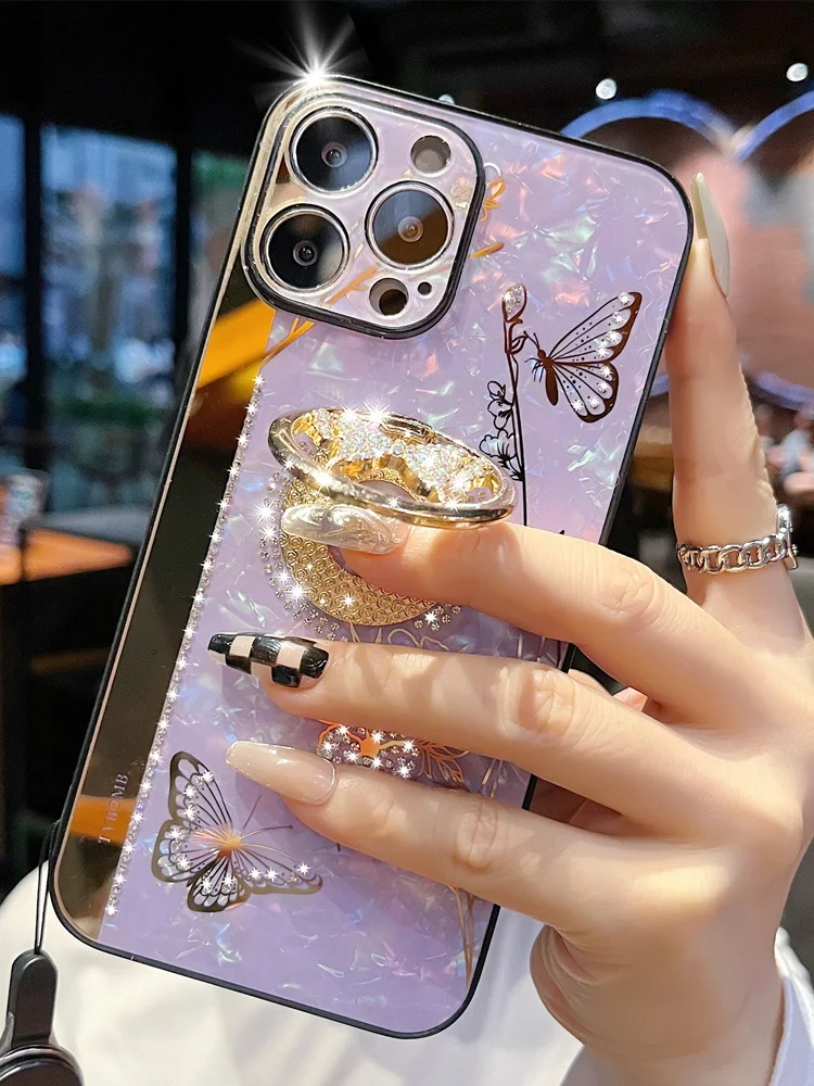 Luxury 3D แหวนผีเสื้อสำหรับ Samsung Galaxy S22 S21 S20 Plus Fe หมายเหตุ20 Ultra Z Flip 3 4พับ4 A52 A72ฝาครอบ Lanyard