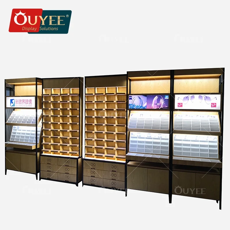 Custom.Unique جذابة خزانة تخزين مطلية باللون الأخضر متجر بصري عرض قضيب النظارات رف زجاجي عرض مثبت على الحائط كابي