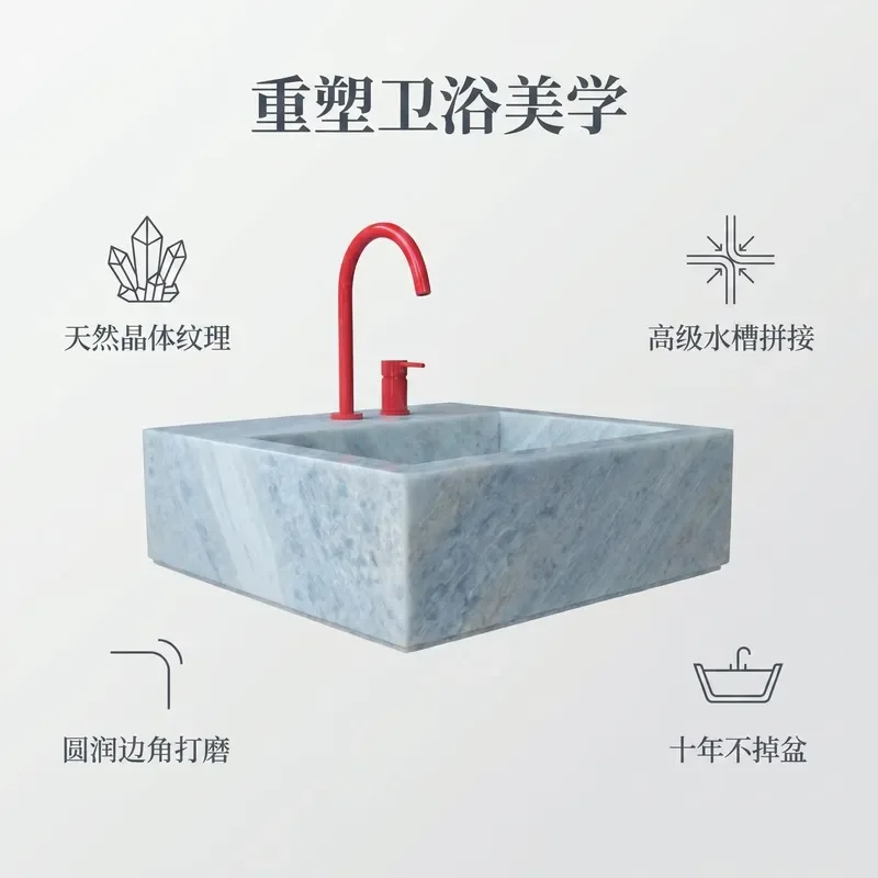Modern Rectangular Blue Crystal Art Basin Natural Texture Wash Sink Durable Simple Design for Bathroom Vanity Stage Decor