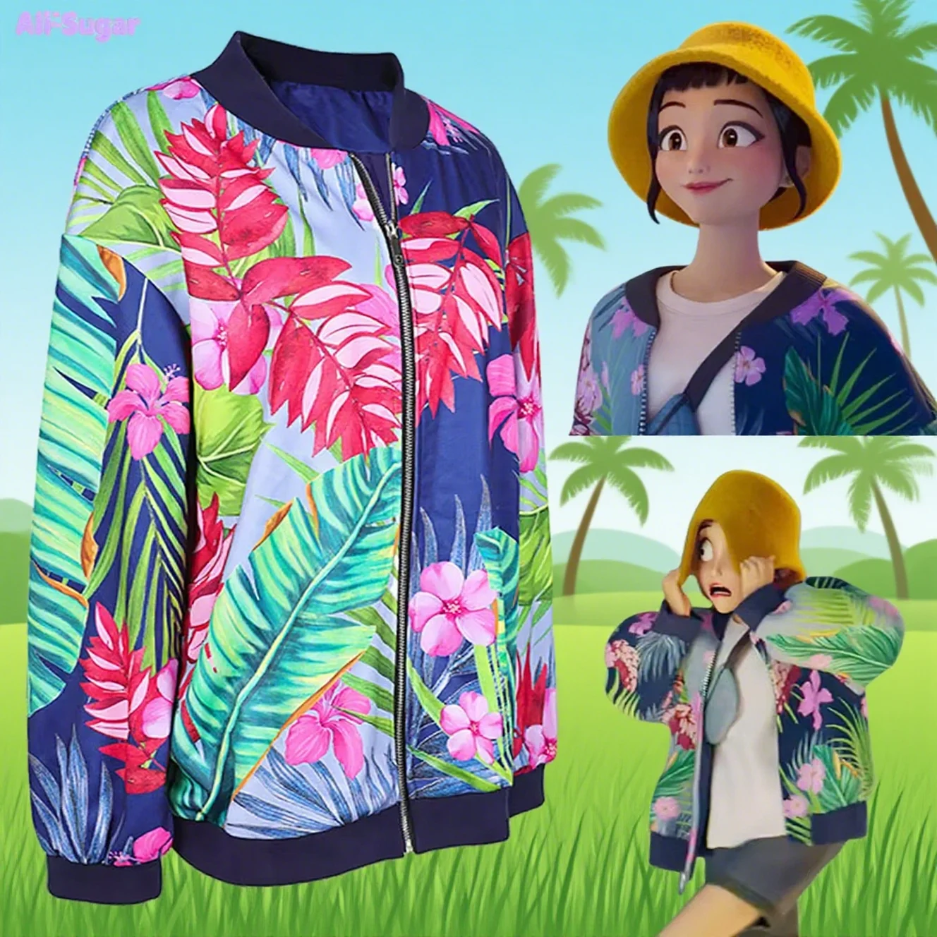 Kpop Demon Hunter Huntrix Girl Group Zoey Cosplay sombrero de cubo de lana con estampado Floral vibrante chaqueta de béisbol disfraz de Halloween