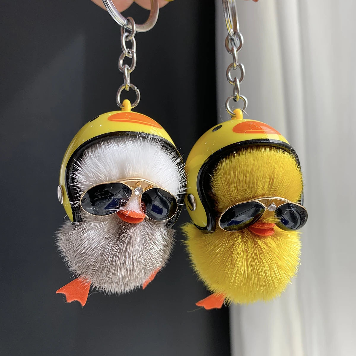 New Girls Fluffy Mink Fur Pompom Chick Key Chains Ball Cute Yellow Duck Keychain Women Bag Car Trinket Jewelry Party Gifts