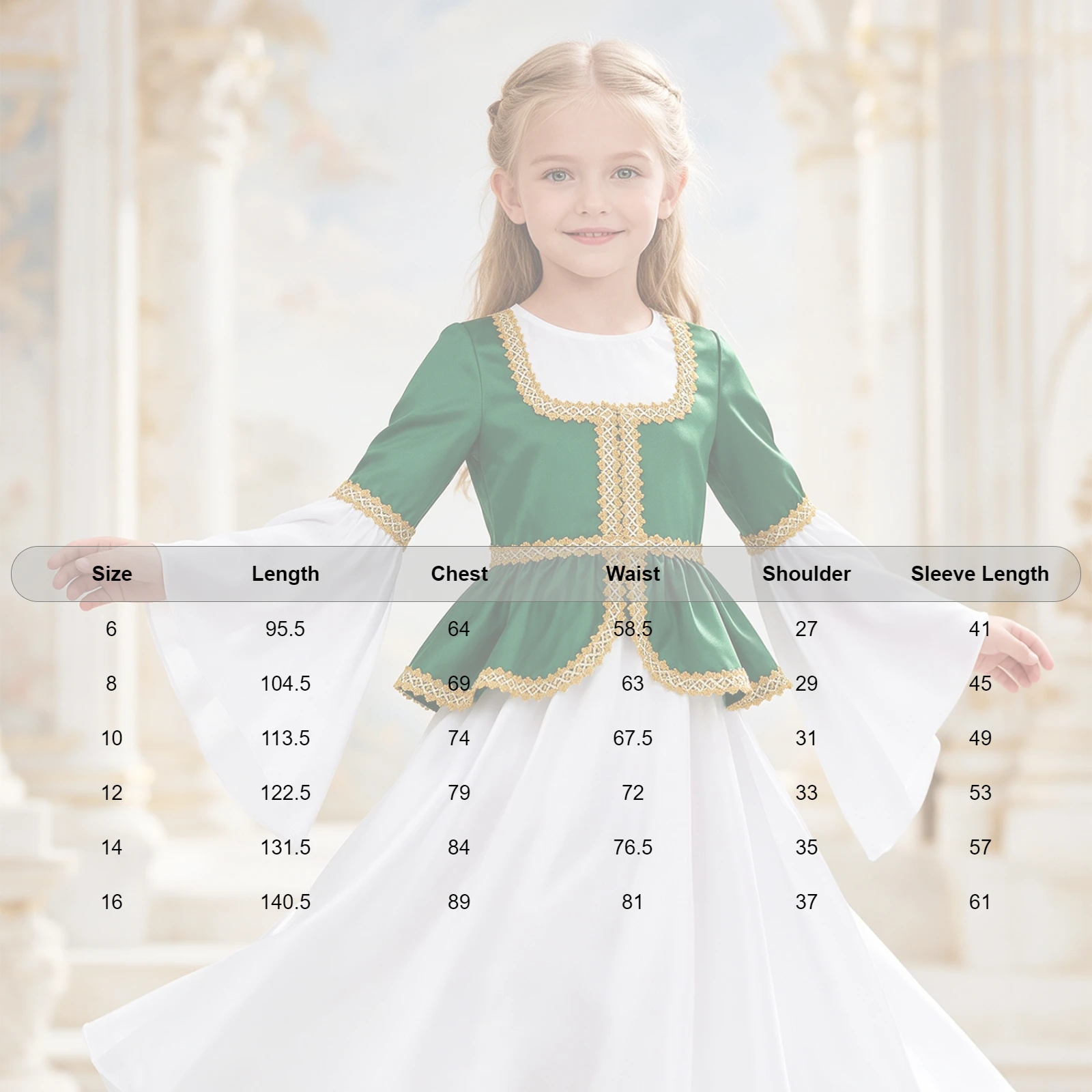 Kids Girls Renaissance Cosplay Costume Flared Sleeve Gold Trim Medieval Princess Peplum Dress for Halloween Carnival Stage Show view 6