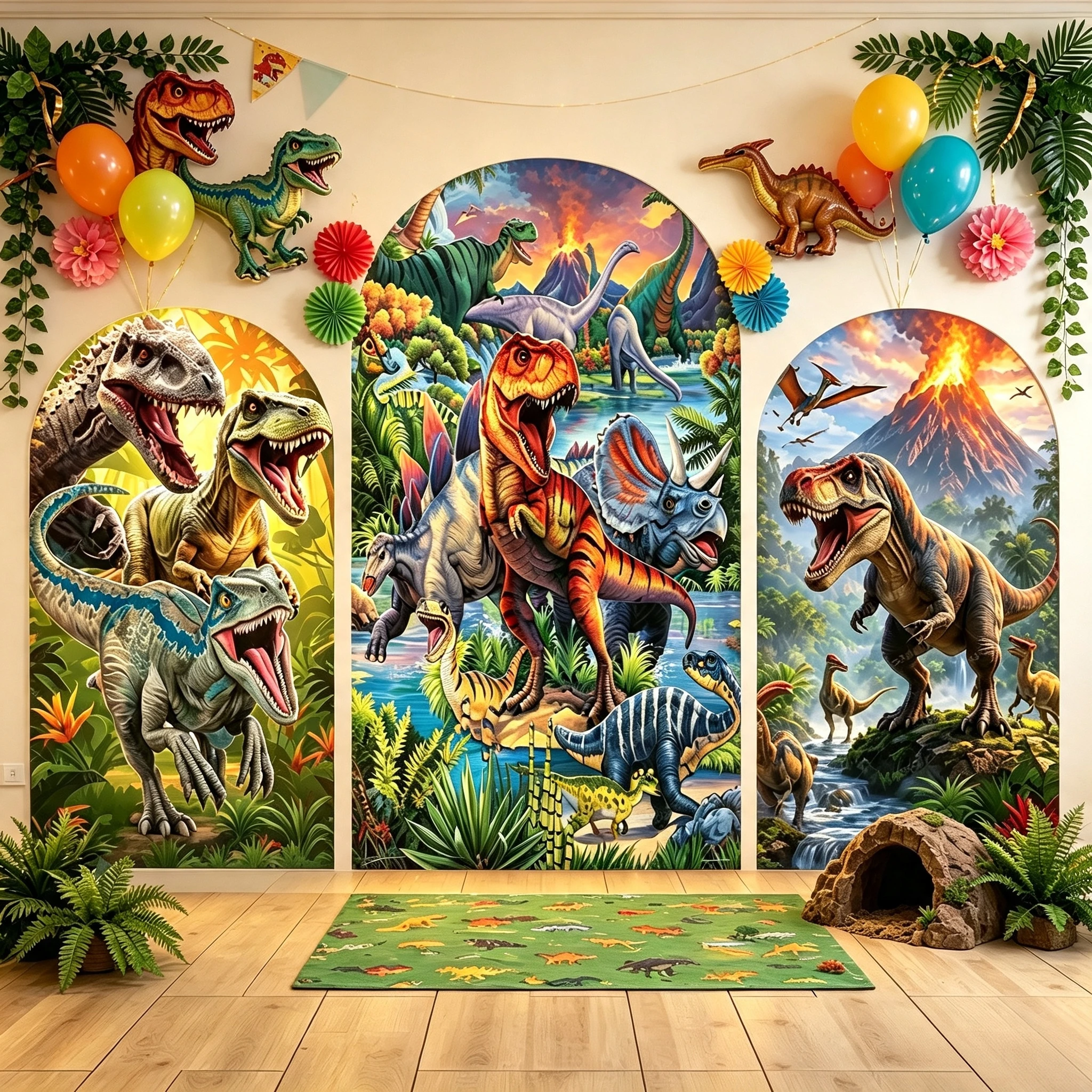 Toile de fond en tissu élastique pour dinosaures jurassiques, T-Rex, volcan, jungle, pour fête d'anniversaire de garçons, baby shower, cabine photo