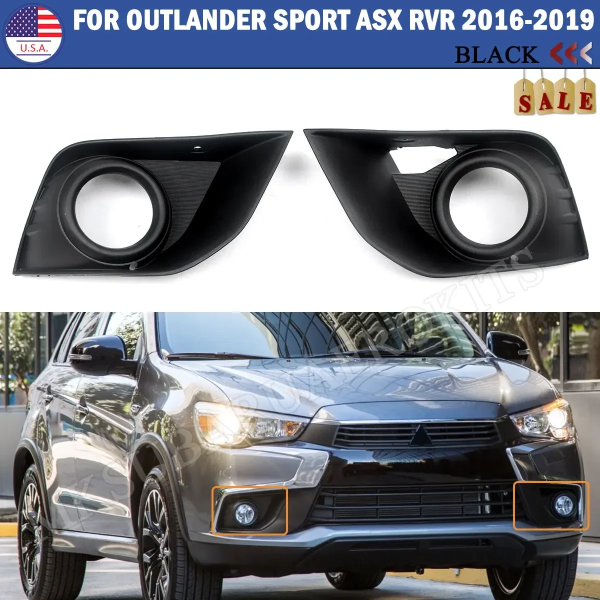 Left & Right  Fog Light Covers Bezels for Mitsubishi Outlander Sport ASX RVR 2016-2018