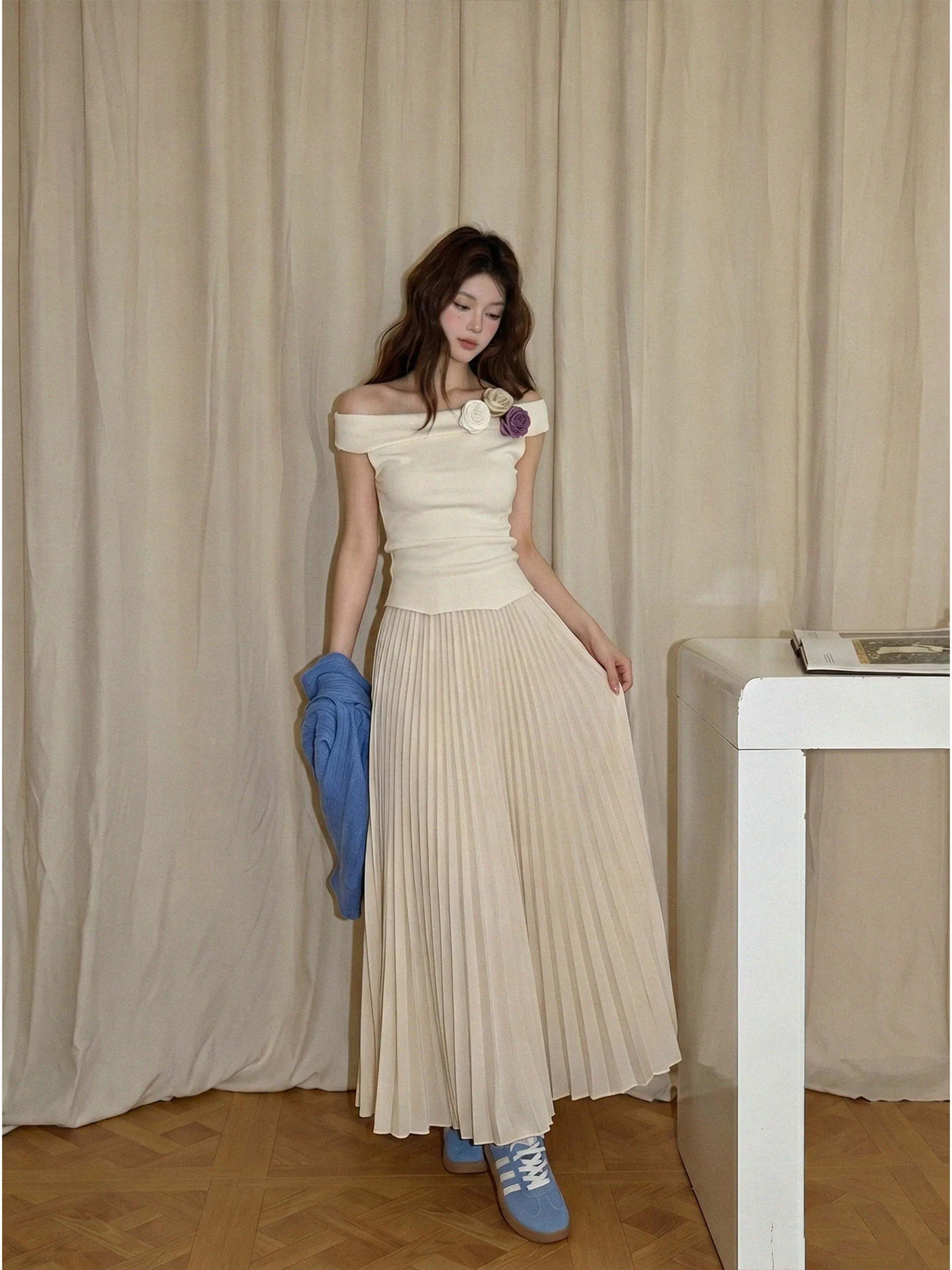 High Waist Pleated Chiffon A-Line Midi Skirt Women's Summer New Style Slimming Hip Covering Drapey Half-length Skirt