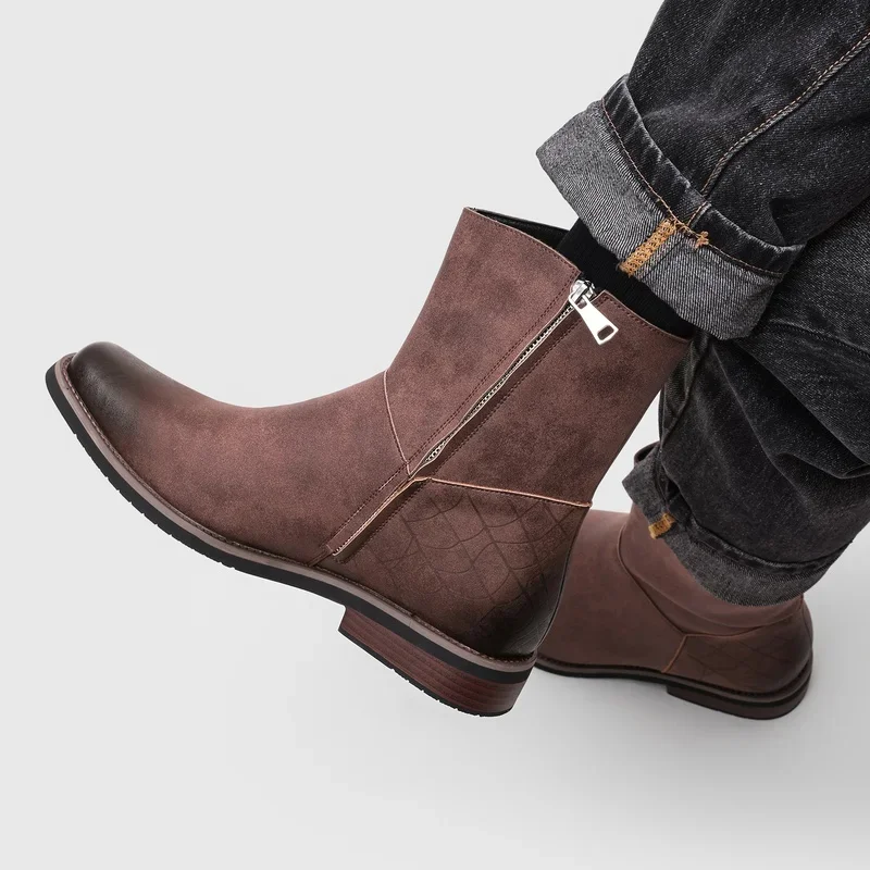 Men Retro Western Chelsea Boots Distressed Brown Faux Leather Square Toe Side Zipper Ankle Boots Casual Cowboy Dress Boots