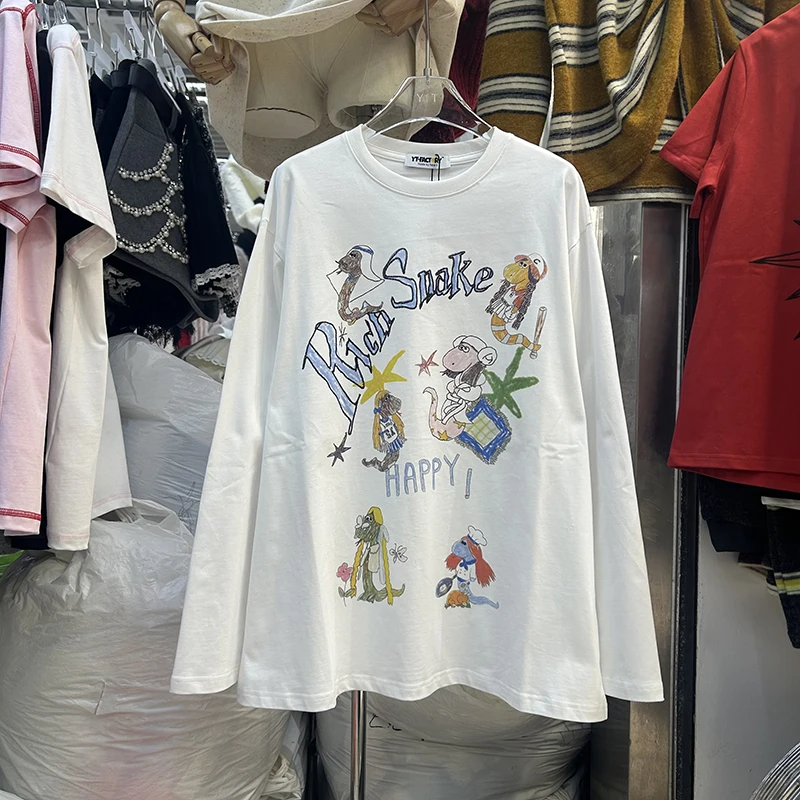 

Весенняя женская футболка с длинным рукавом и круглым вырезом, свободного кроя, для похудения, базовый слой, для повседневной носки, оверсайз, средней длины