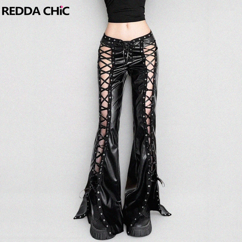 

Женские кожаные брюки REDDACHiC с черными люверсами и шнуровкой, сексуальные, с вырезами, расклешенные, с низкой талией, в стиле фестивальный мото-панк, готическая одежда