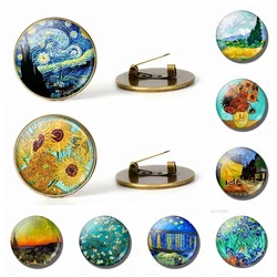 Retro Van Gogh Art Starry Night Sunflower Brooches Men Women Glass Cabochon Dome Jewelry School Bag Bronze Brooch Pins Gift