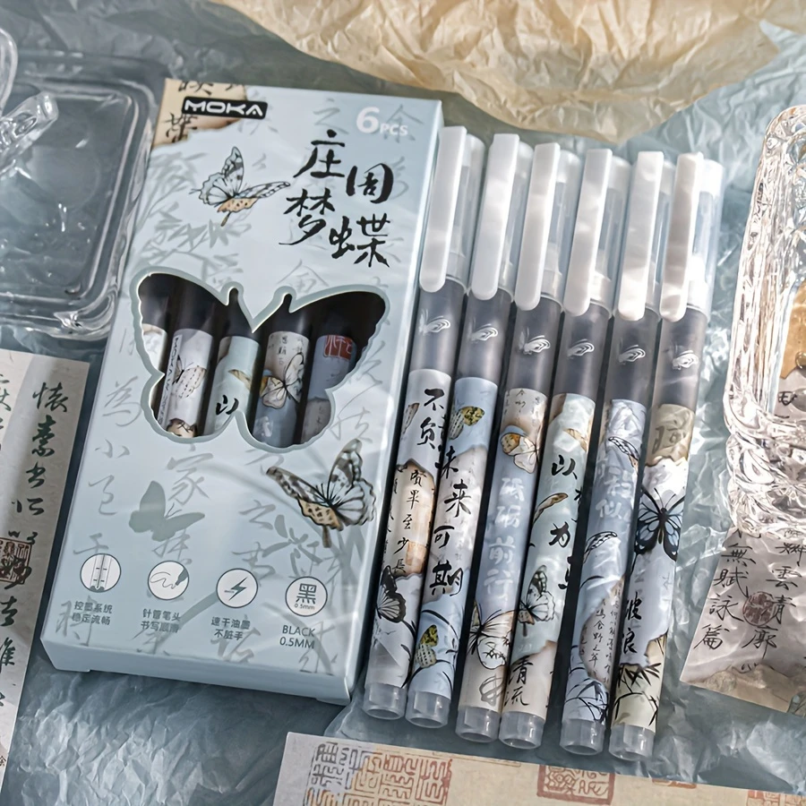 

6 шт. гелевые ручки-бабочки, тонкий наконечник 0,5 мм, легкий пластиковый дизайн, быстросохнущие чернила, элегантная смешанка, идеальный новогодний подарок