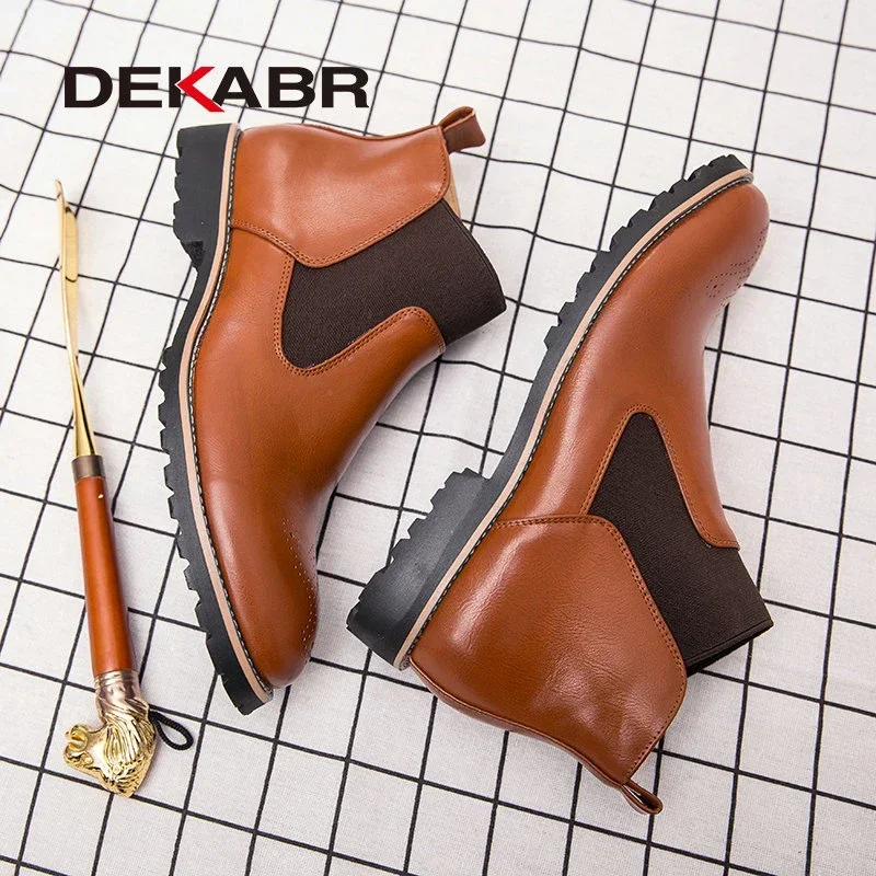 DEKABR Autumn Winter Genuine Leather Ankle Chelsea Boots Men Shoes With Fur Warm Vintage Classic Male Casual Motorcycle Boot