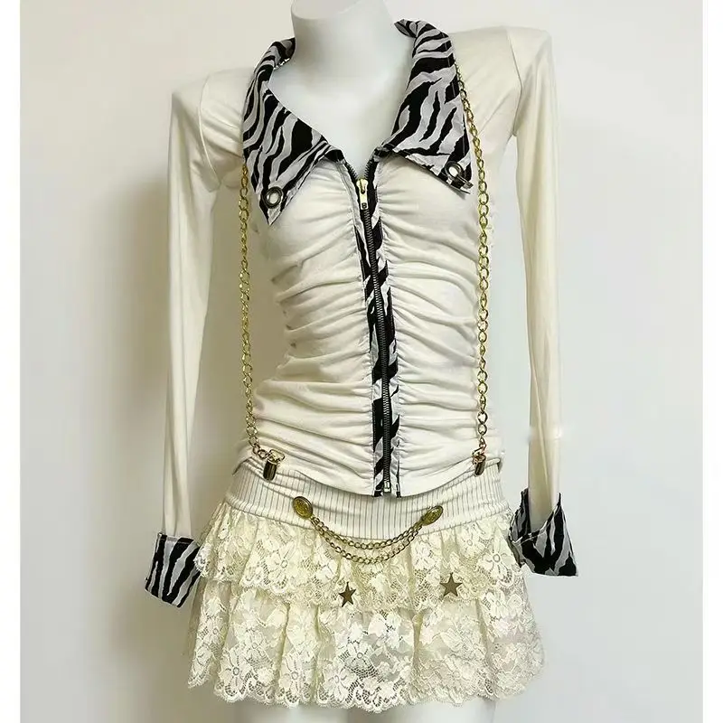 

Fashion Retro hottie T-shirt American subculture zebra print patchwork Tshirts punk aesthetic zipper Tee women slim chic tops