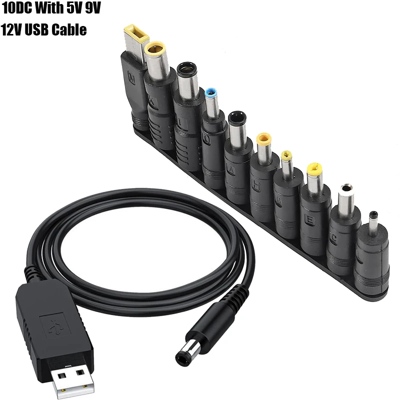 

10-in-1 USB to DC Step UP Module USB 5V to 5V 9V 12V Charging Power Cable Cord To 5521 Multifunctional Plug Male 8tips Connector