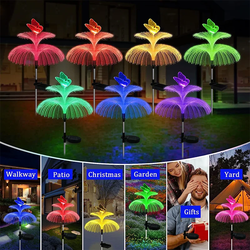 1/2 Stuks Zonne-Energie Tuinverlichting 7 Kleur Veranderende Dubbele Laag Kwallen Lamp Met Vlinder Buitenverlichting Voor Tuin Decor